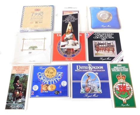 Various coins, uncirculated one pound coin, Wales and the Crown coin, United Kingdom Uncirculated Coin Sets, for 1985, Young Collectors Competition mint set, others for 1988, 1990 and 1991 set, etc. (a quantity)