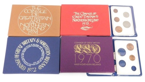 Various proof coin sets, Great Britain and Northern Ireland 1970, another 1972, 1973, 1974, and two Britain's First Decimal Coin blue wallet sets. (6, cased)