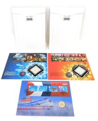 A Red Arrows stamp cover coin set, another RAF Centenary, Fire Dragon, etc. (a quantity in outer packaging)