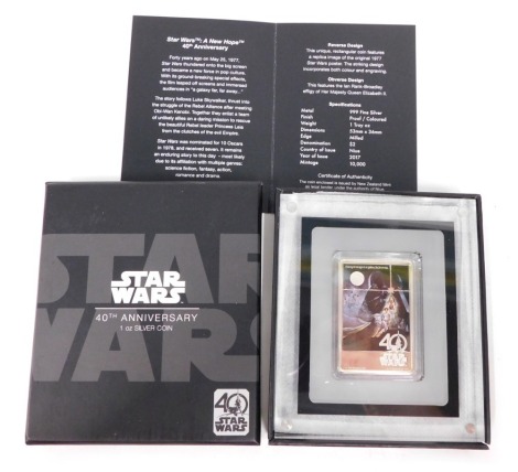 A Star Wars 40th Anniversary 1oz fine silver coin medallion, 40th Anniversary New Hope, cased in outer box.