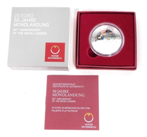 A fifty jahre 50th Anniversary of The Moon Landing twenty euro proof coin, in outer case and box with paperwork.