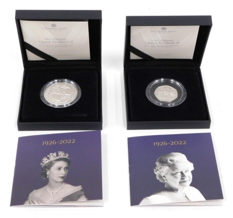 A Queen Elizabeth II five pound silver proof Piedfort 1926-2022 Devoted To Your Service proof coin, in outer case with box and paperwork, and another. (2)