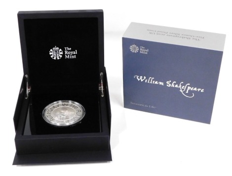 A Royal Mint Treasures For Life William Shakespeare 5oz silver proof coin, 2016, no. 349, proof cased, in outer box with paperwork.