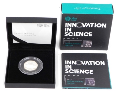 A Royal Mint Innovation In Science 2019 Stephen Hawking commemorative proof fifty pence coin, no. 5225, in outer case and box.