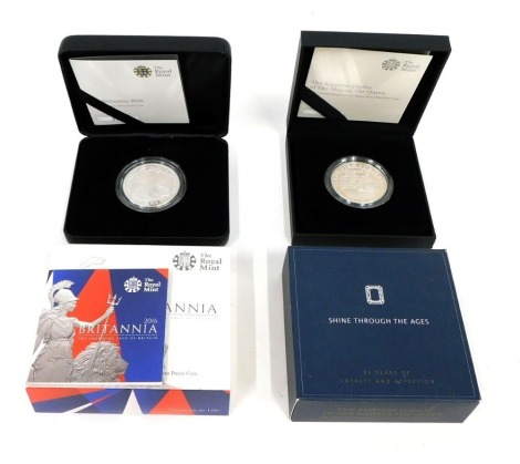 A Royal Mint Shine Through The Ages Sapphire Jubilee 1952-2017 five pound silver proof Piedfort coin and a Brittania 2016 1oz silver proof coin, each in outer case with box and some paperwork. (2)