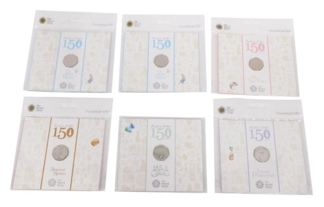 Various Royal Mint Treasures For Life Beatrix Potter fifty pence coins, Peter Rabbit, etc., cupro-nickel, in plastic wrappers. (6)