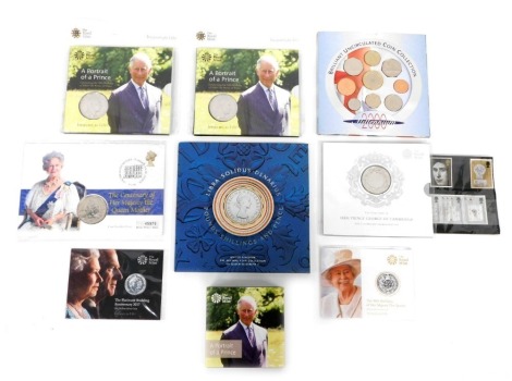 Various Royal Mint Treasures For Life and other Royal related coins and coin sets, The Portrait of A Prince, five pound silver proof coin, HRH Prince George of Cambridge uncirculated five pound coin, other cupro-nickel coins, coin sets, a pound shilling a