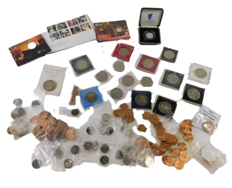 Various coins, commemorative and other cased crowns, low denomination, unused coins, half pennies with original patina 1967, a Royal Mint Treasures For Life Christmas silver sixpence, blister pack silver coin, a Diamond Jubilee 2012 stamp set, twenty six 