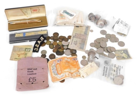 Various world banknotes, coins, collectors cards, RASC embroidery soldier badge, Silver Cross point pen set, etc. (a quantity)