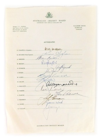 A collection of autographs supplied by the Australian cricket board, on Waldorf Hotel, Aldwych, London headed paper, for the Centenary Test Tour of England in 1980, signed by Chappell, Hughes, Border, Bright, Dymock, Dyson, Laird, Lillee, Mallett, Marsh, 