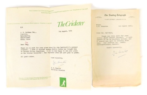 Two Jim Swanton signed typed letters, one on Sunday Telegraph headed paper addressed to Mr Goldman on the 1st March 1961 stating 'Thank you very much for your letter about Oxford cricket. I have passed it on to Geoffrey Bolton, and expect I will be hearin