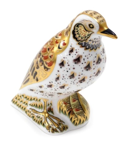 A Royal Crown Derby paperweight ornament Song Thrush, gilt stopper, printed marks beneath, 11cm high.