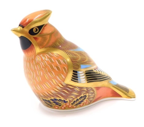 A Royal Crown Derby paperweight ornament Waxwing, gilt stopper, printed Sinclair mark beneath, 9cm high.