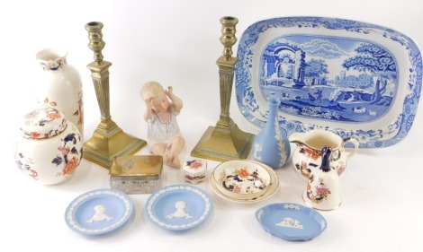 Various china, Mason's Ironstone Mandalay pattern vase, 22cm high, hand bell, lidded ginger jar, etc., pair of brass candlesticks, Wedgwood blue Jasperware, continental bisque figure of a baby, Copeland Spode dish, etc. (a quantity)