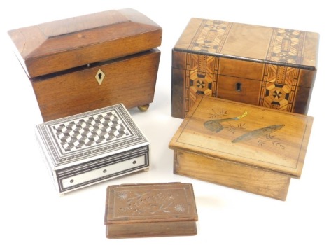 Various boxes, a 19thC mahogany box, sarcophagus shaped rosewood tea caddy, 21cm high, Eastern box, book shaped example, etc. (a quantity)