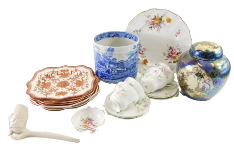 Various pottery and effects, a clay pipe with footballers and boot stem, 13cm high, Maling lustre vase and cover, 19cm high, Royal Crown Derby Posies pattern plate, jardiniere, Shelley Wild Anemone 13977 cups and saucers, etc. (a quantity)