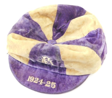 An early 20thC football cap, in purple and white, initialled and dated 1924-25.