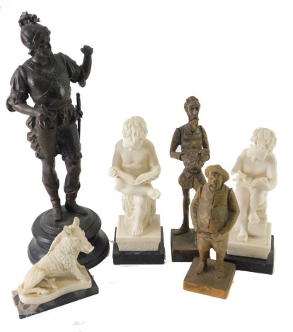 An early 20thC spelter figure of a soldier, on socle, 39cm high, a Grand Tour style modern resin wild boar, Norwegian carved wooden figure of a gentleman, pair of putti reading, etc. (a quantity)