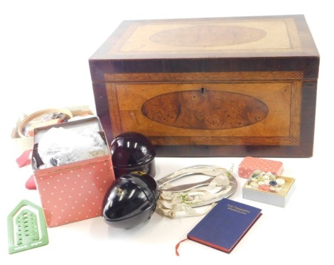 A 19thC burr birds eye maple and satinwood inlaid sewing box, with fitted interior and a quantity of loose buttons, etc., 22cm high, 45cm wide, 30cm deep.