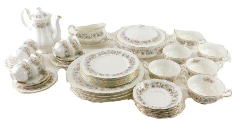 A Paragon Meadow Vale pattern part dinner service, to include lidded tureen, dinner plates, 27cm wide, coffee pot, serving bowl, etc., part settings for six, printed marks beneath. (a quantity)