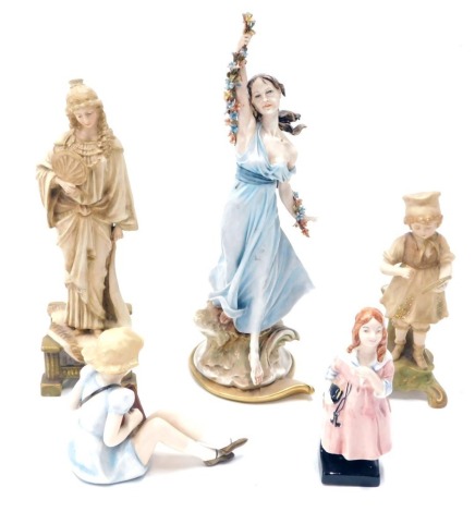 Various pottery and effects, a Capodimonte figure of a lady holding garland, 29cm high, an EW Turn Wien blush ivory figure of a lady holding fan, a similar figure of a child, printed mark beneath, a Goebel Hummel figure of a girl playing squeeze box, and 