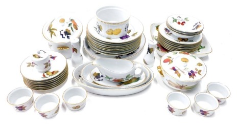 Various Royal Worcester Evesham pattern dinnerware, lidded souffle dish, 28cm wide, various other dishes, plates, serving plate, etc., various decoration, printed marks beneath. (a quantity)