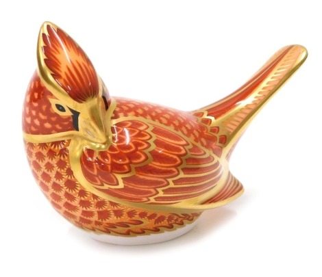 A Royal Crown Derby paperweight ornament American Cardinal, gilt stopper, printed marks beneath, 8cm high.