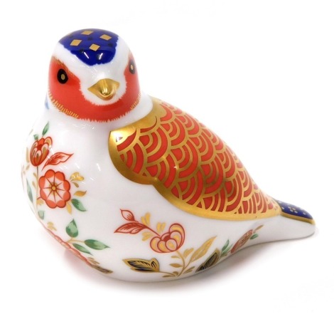 A Royal Crown Derby paperweight ornament Windrush Chaffinch, gilt stopper, printed marks beneath, 7cm high.