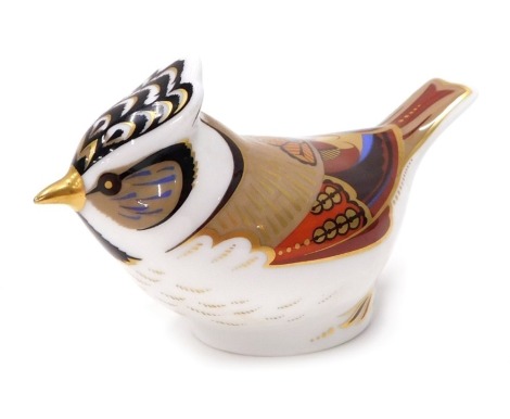 A Royal Crown Derby paperweight ornament Collectors Guild Crested Tit, gilt stopper, printed marks beneath, 7cm high.