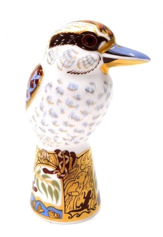 A Royal Crown Derby paperweight ornament Kookaburra, gilt stopper, printed marks beneath, 15cm high.