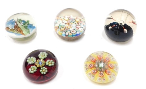 Various paperweights, Millefiori type and others, unmarked, 8cm diameter. (5)