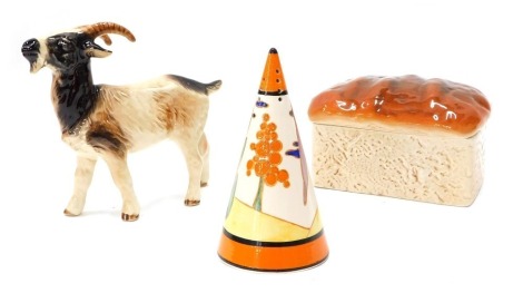 Various pottery and effects, a Goebel Hummel figure of a mountain goat, printed marks beneath, 12cm high, Beswick loaf jar and cover, number 2135, and a Wedgwood Bizarre Clarice Cliff design conical sugar sifter. (3)