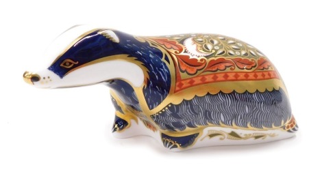 A Royal Crown Derby paperweight ornament Moonlit Badger, Collectors Gild figure, gilt stopper, printed marks beneath, 8cm high.