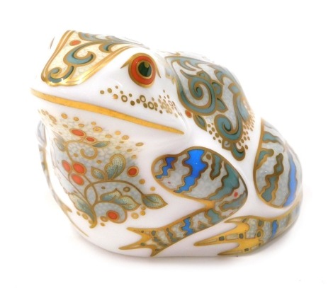 A Royal Crown Derby paperweight ornament Marsh Frog, gilt stopper, printed marks beneath, 7cm high.