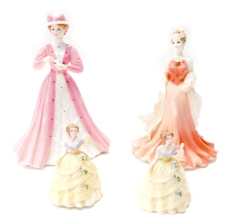 Various Coalport Ladies of Fashion and other figures, to include Sue, Figure of the Year 1998, printed marks beneath, 23cm high, two miniature figures, Danielle, etc., and a further figure Emily Ringtons limited edition number 2572/5000. (4)