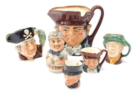 Various Royal Doulton character jugs, Old Charley, large, 15cm high, Arriet, small, various others, Doultonville Collection Mike Mineral, Long John Silver, etc. (6)