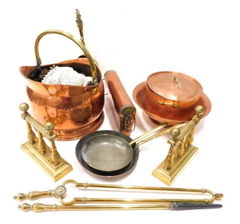 Various copper and brassware, an early 20thC copper and brass coal helmet, with associated shovel, 26cm high, various other metalware, a Foot and Son Limited foot warmer, lidded pan, etc. (a quantity)