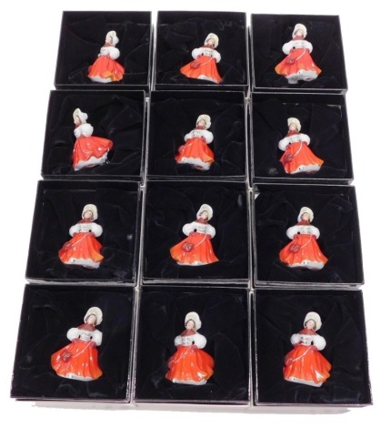 Various Royal Doulton miniature figures, Christmas Skater, M220, printed marks beneath, 7cm high. (12, boxed)