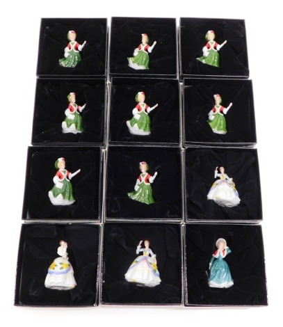 Various Royal Doulton miniature figures, Yuletide Memories, M225, printed marks beneath, 6cm high (8), and four further Doulton miniature figures. (12)