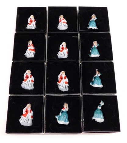 Various Royal Doulton miniature figures, seven Noelle, M222, printed marks beneath, 6cm high, and five further figure Christmas Wishes, M223. (12)