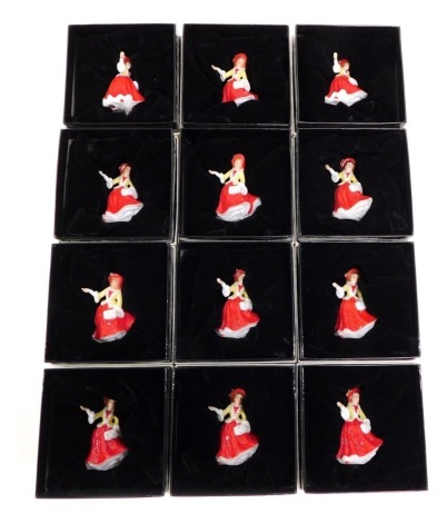 Various Royal Doulton miniature figures, Festive Joy, M224, printed marks beneath, 6cm high. (12, boxed)