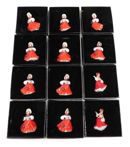 Various Royal Doulton miniature figures, Christmas Skater, M220, printed marks beneath, 6cm high. (12, boxed)