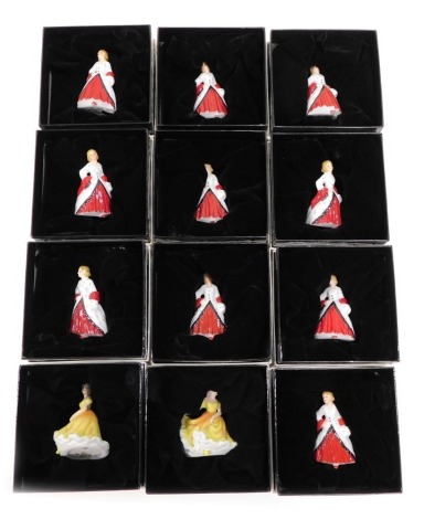 Various Royal Doulton miniature figures, ten The Ermine Coat, M221, printed marks beneath, 6cm high, and two Ninette, M206, 6cm high. (12, boxed)