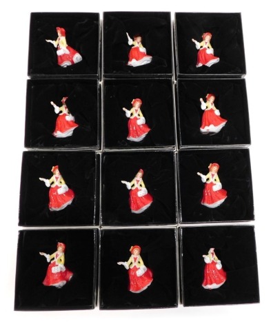 Various Royal Doulton miniature figures, Festive Joy, M224, printed marks beneath, 6cm high. (12, boxed)