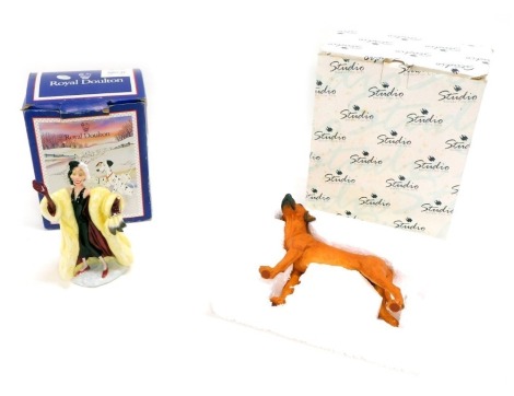 A Royal Doulton Disney's 101 Dalmatians figure Cruella De Vil, DN1, and a Border Fine Arts studio matt finish dog, 16cm high. (2, boxed)