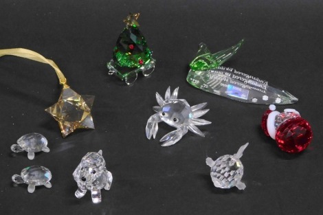 Various Swarovski crystal ornaments, crab, puppy, tortoise, Christmas tree, 5cm high, etc. (8, boxed)