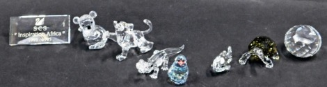 Various Swarovski crystal ornaments, koala, 5cm high, wild cat, fish, two coloured turtle, chick, inspiration Africa plaque, etc. (8, boxed)