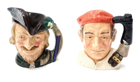 A Royal Doulton character jug from Williamsburg Bootmaker D6572, 20cm high, and another Robin Hood, each large, printed marks beneath (2)