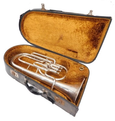 A Boosey & Hawkes tenor horn, with three valves, 54cm high, with mouthpiece, cased.