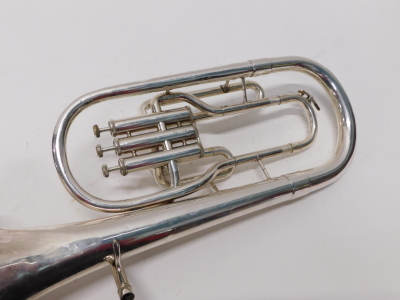 A Boosey & Hawkes tenor horn, with three valves, 54cm high, with mouthpiece, cased. - 3